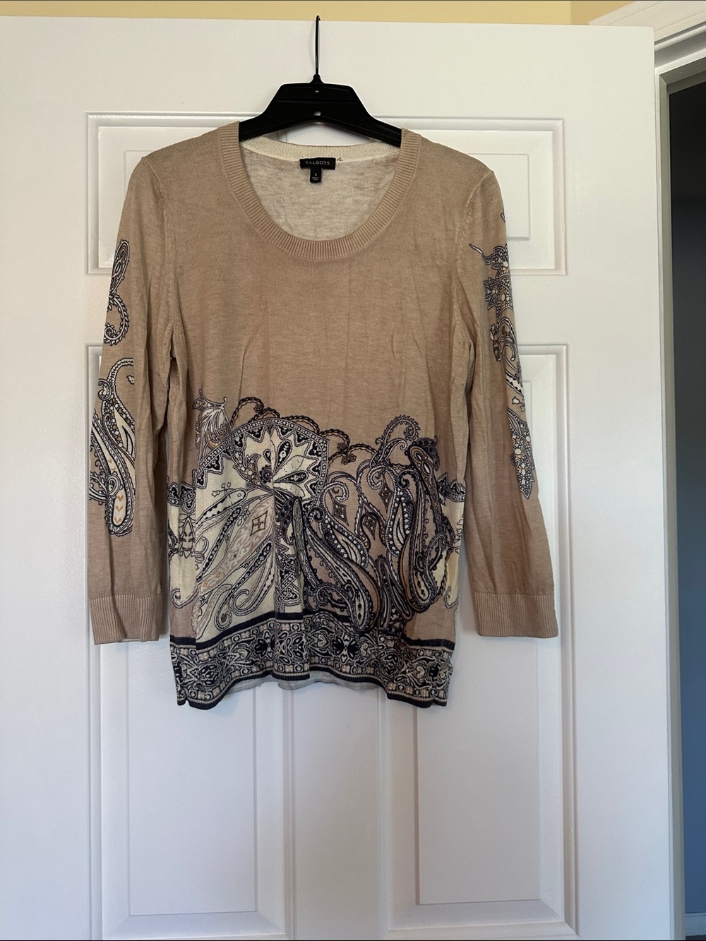 Talbots Beige Crewneck Sweater with Navy Paisley Print